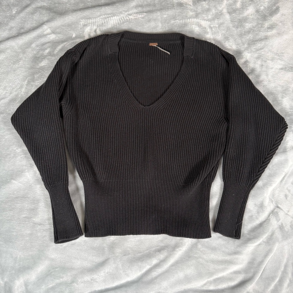 Free People Ribbed Knit Sweater Womens Small Deep V Neck Oversized Black